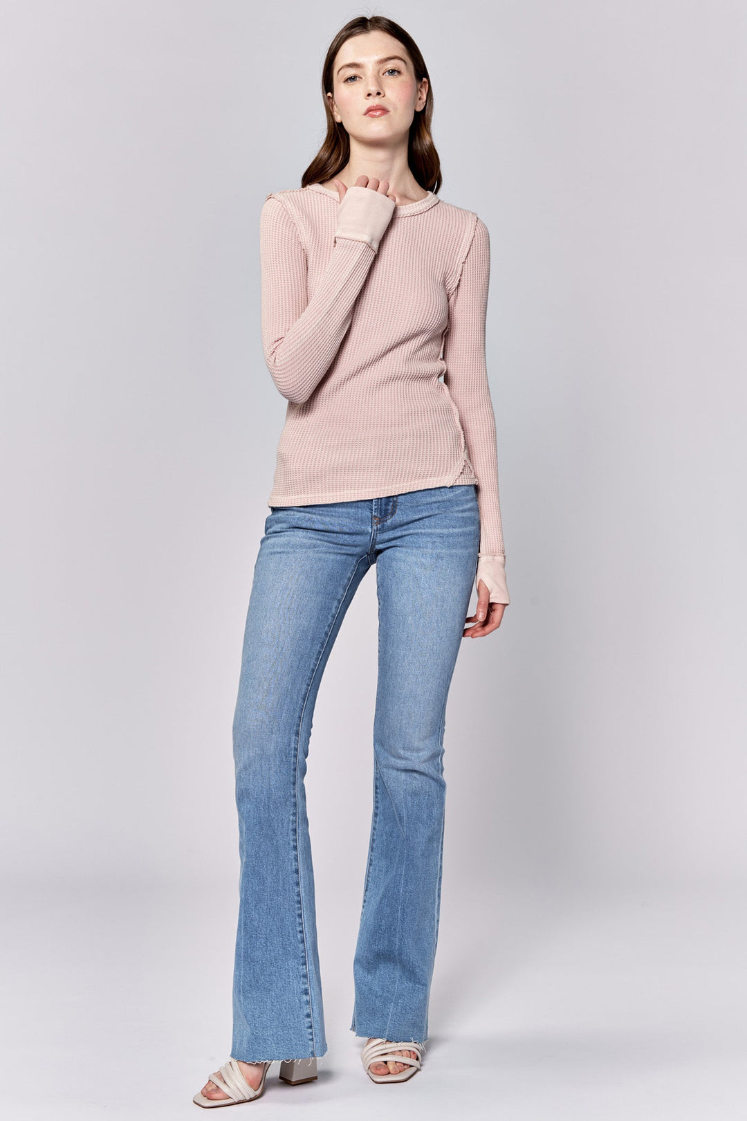 image of a female model wearing a ANIA THERMAL LONG SLEEVE FITTED TOP SEPIA ROSE DEAR JOHN DENIM 