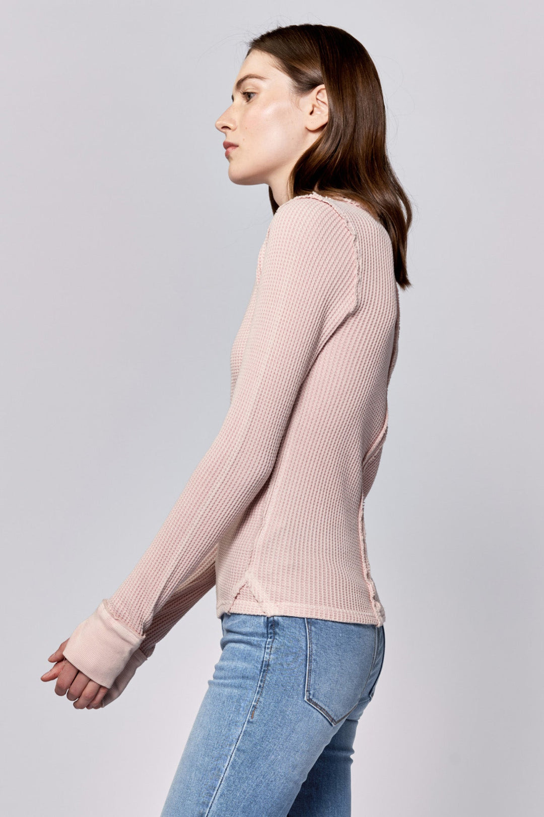 image of a female model wearing a ANIA THERMAL LONG SLEEVE FITTED TOP SEPIA ROSE DEAR JOHN DENIM 