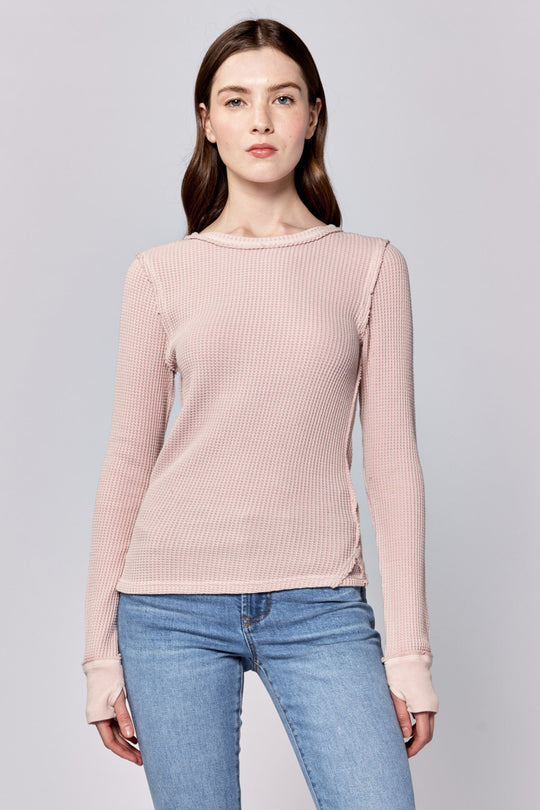 image of a female model wearing a ANIA THERMAL LONG SLEEVE FITTED TOP SEPIA ROSE DEAR JOHN DENIM 