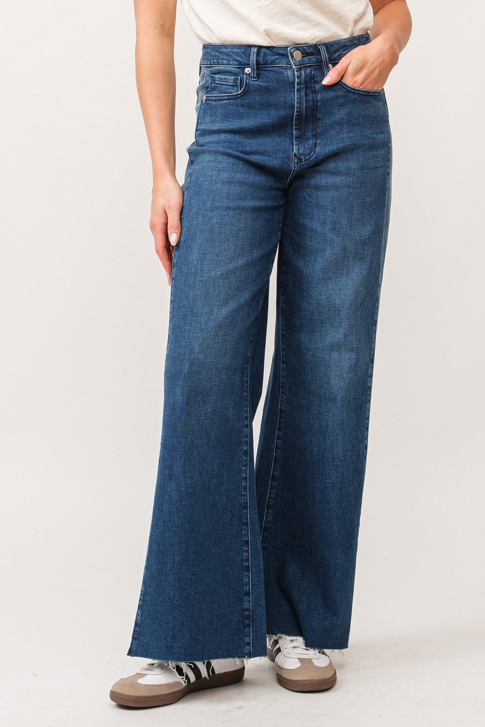 image of a female model wearing a FIONA HIGH RISE WIDE LEG JEANS ARCTIC BLUE DEAR JOHN DENIM 