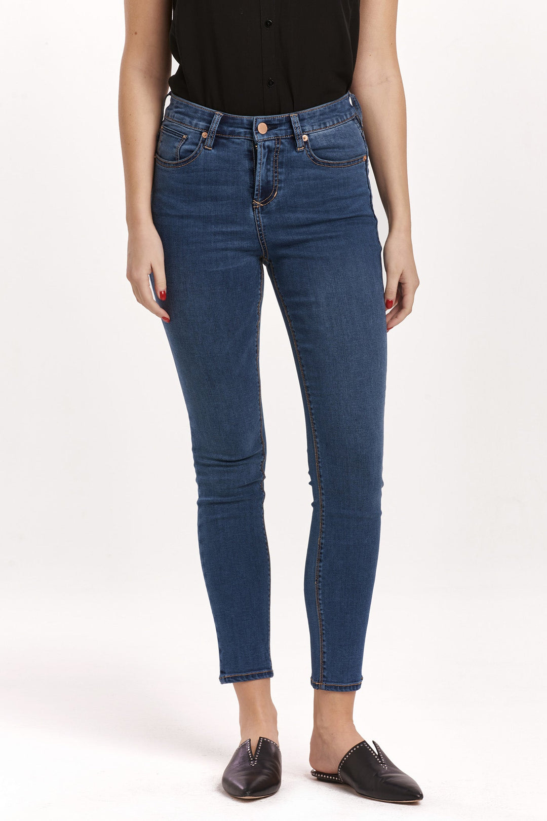 image of a female model wearing a OLIVIA HIGH RISE ANKLE SKINNY JEANS CALIX DEAR JOHN DENIM 