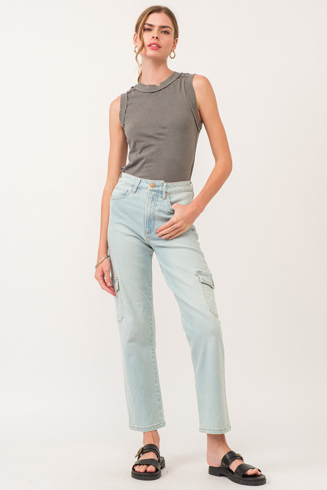 image of a female model wearing a 90S SUPER HIGH RISE ANKLE STRAIGHT JEANS FOSTER DEAR JOHN DENIM 