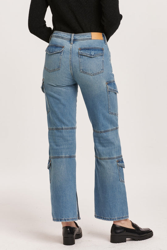 image of a female model wearing a HUDSON HIGH RISE CARGO STRAIGHT JEANS VONNA DEAR JOHN DENIM 