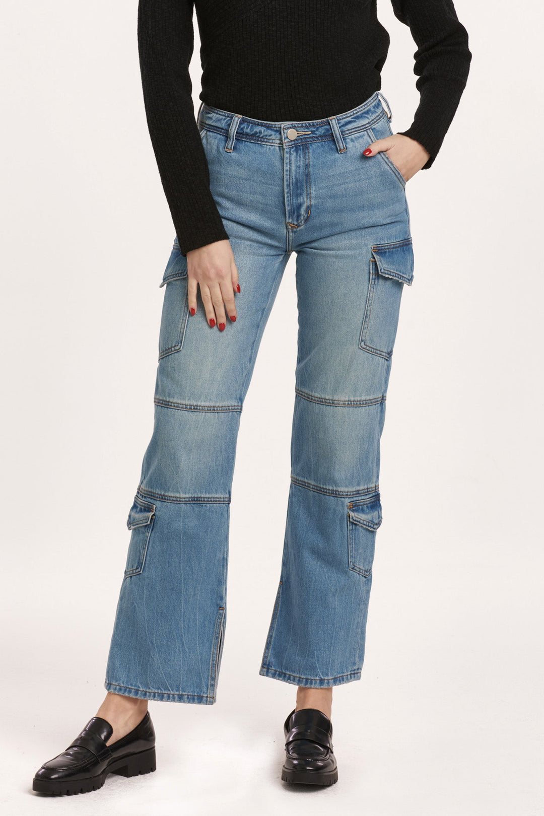 image of a female model wearing a HUDSON HIGH RISE CARGO STRAIGHT JEANS VONNA DEAR JOHN DENIM 