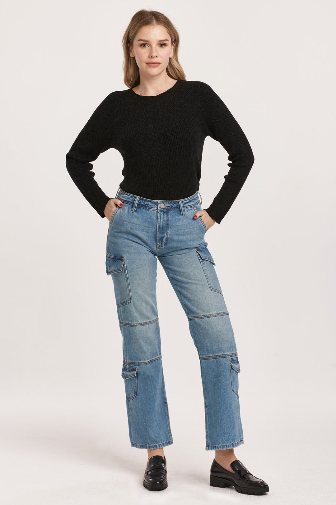 image of a female model wearing a HUDSON HIGH RISE CARGO STRAIGHT JEANS VONNA DEAR JOHN DENIM 