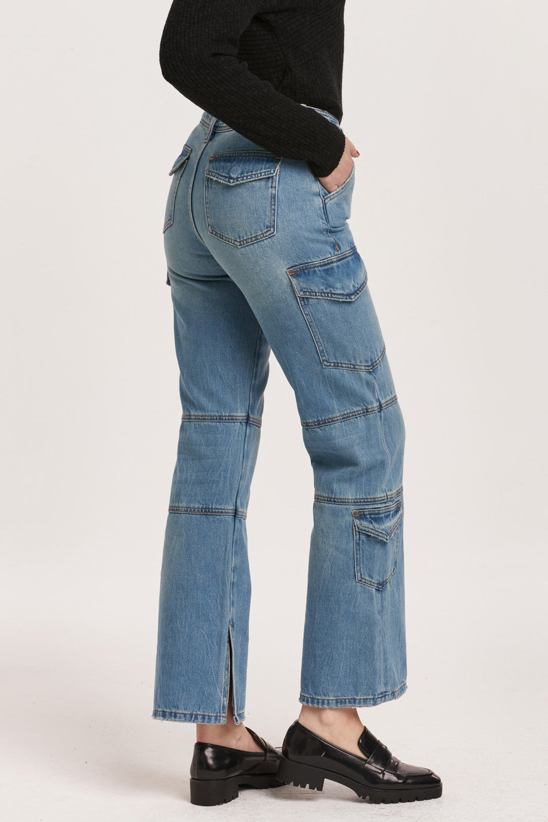 image of a female model wearing a HUDSON HIGH RISE CARGO STRAIGHT JEANS VONNA DEAR JOHN DENIM 