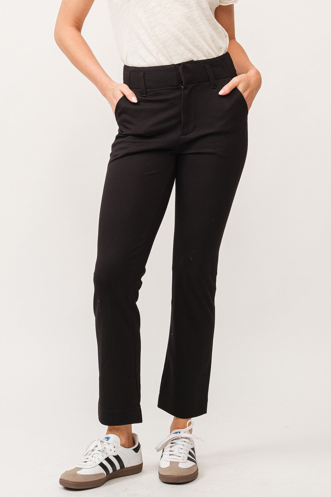 image of a female model wearing a FRANKIE HIGH RISE CROPPED INSEAM STRAIGHT LEG PANTS BLACK DEAR JOHN DENIM 