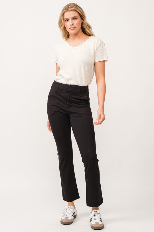 image of a female model wearing a FRANKIE HIGH RISE CROPPED INSEAM STRAIGHT LEG PANTS BLACK DEAR JOHN DENIM 