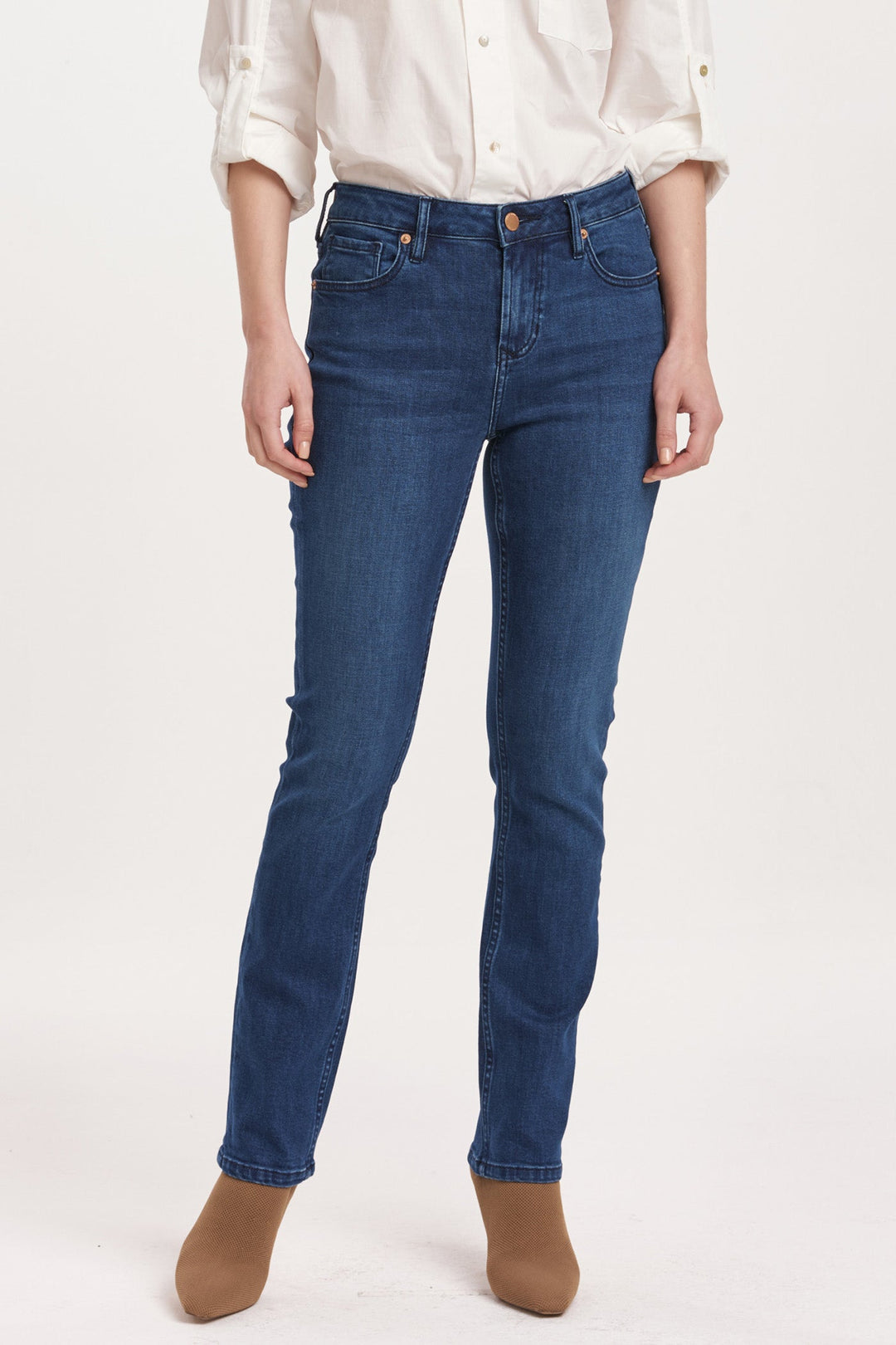 image of a female model wearing a BLAIRE MID RISE SLIM STRAIGHT JEANS VIOLET BLUE DEAR JOHN DENIM 