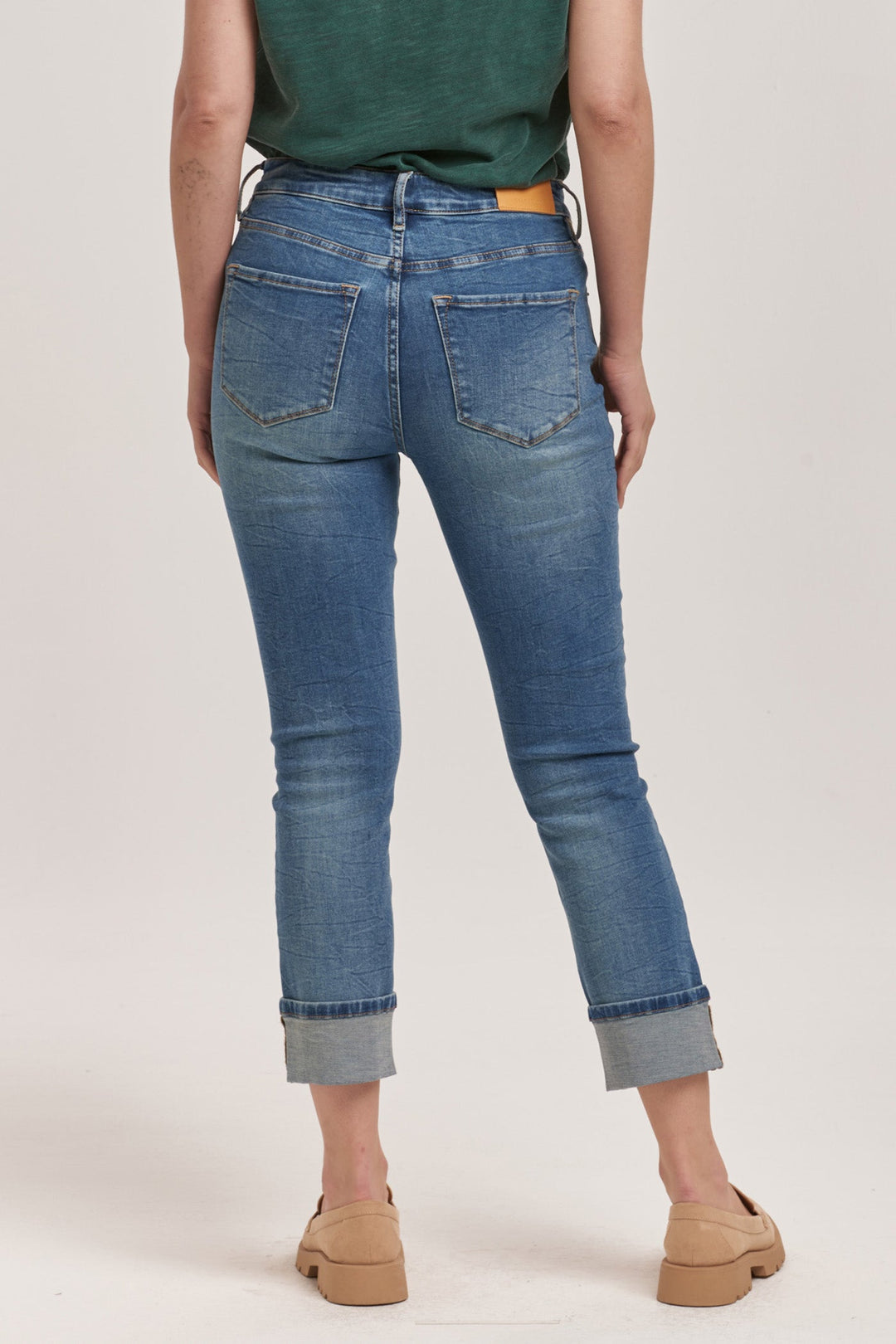 image of a female model wearing a BLAIRE HIGH RISE CUFFED SLIM STRAIGHT JEANS RADIOHEAD DEAR JOHN DENIM 