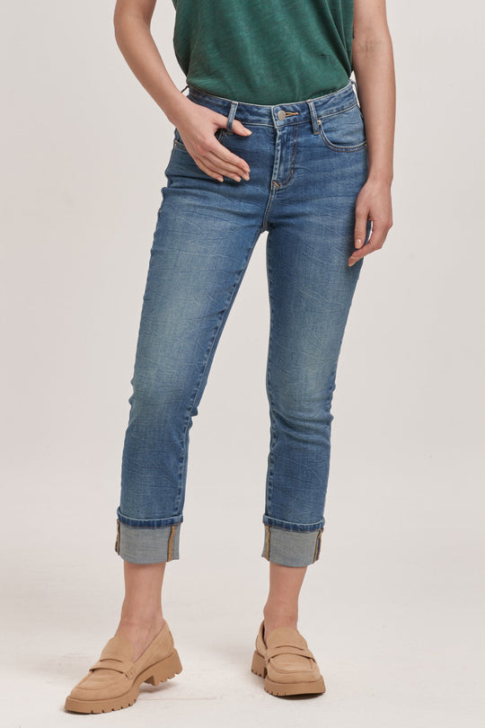 image of a female model wearing a BLAIRE HIGH RISE CUFFED SLIM STRAIGHT JEANS RADIOHEAD DEAR JOHN DENIM 