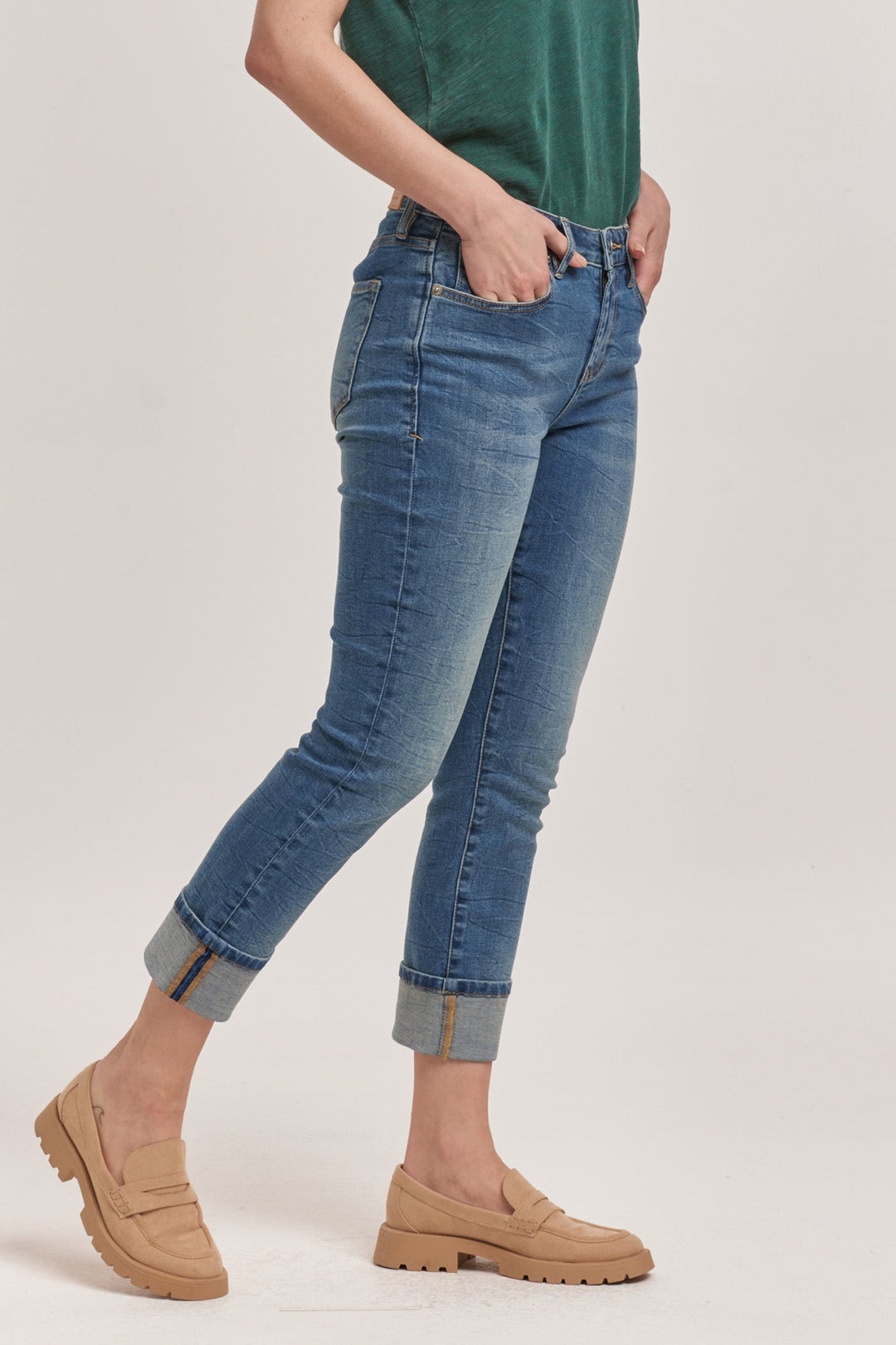 image of a female model wearing a BLAIRE HIGH RISE CUFFED SLIM STRAIGHT JEANS RADIOHEAD DEAR JOHN DENIM 