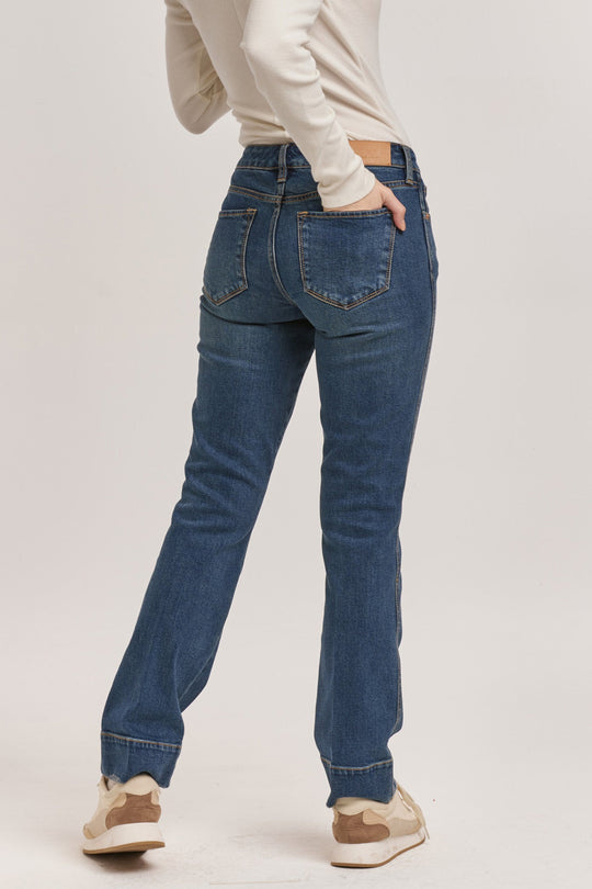 image of a female model wearing a PLAYBACK MID RISE SLIM STRAIGHT JEANS SKYLER DEAR JOHN DENIM 