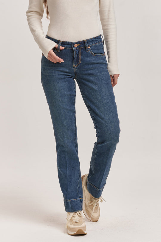 image of a female model wearing a PLAYBACK MID RISE SLIM STRAIGHT JEANS SKYLER DEAR JOHN DENIM 