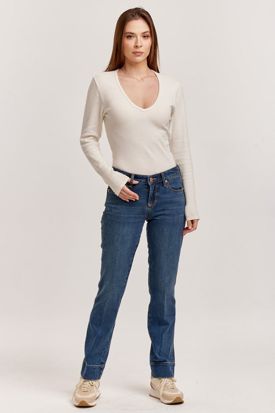 image of a female model wearing a PLAYBACK MID RISE SLIM STRAIGHT JEANS SKYLER DEAR JOHN DENIM 