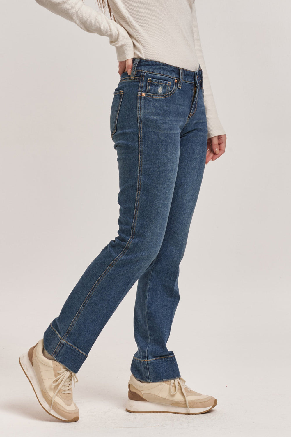 image of a female model wearing a PLAYBACK MID RISE SLIM STRAIGHT JEANS SKYLER DEAR JOHN DENIM 