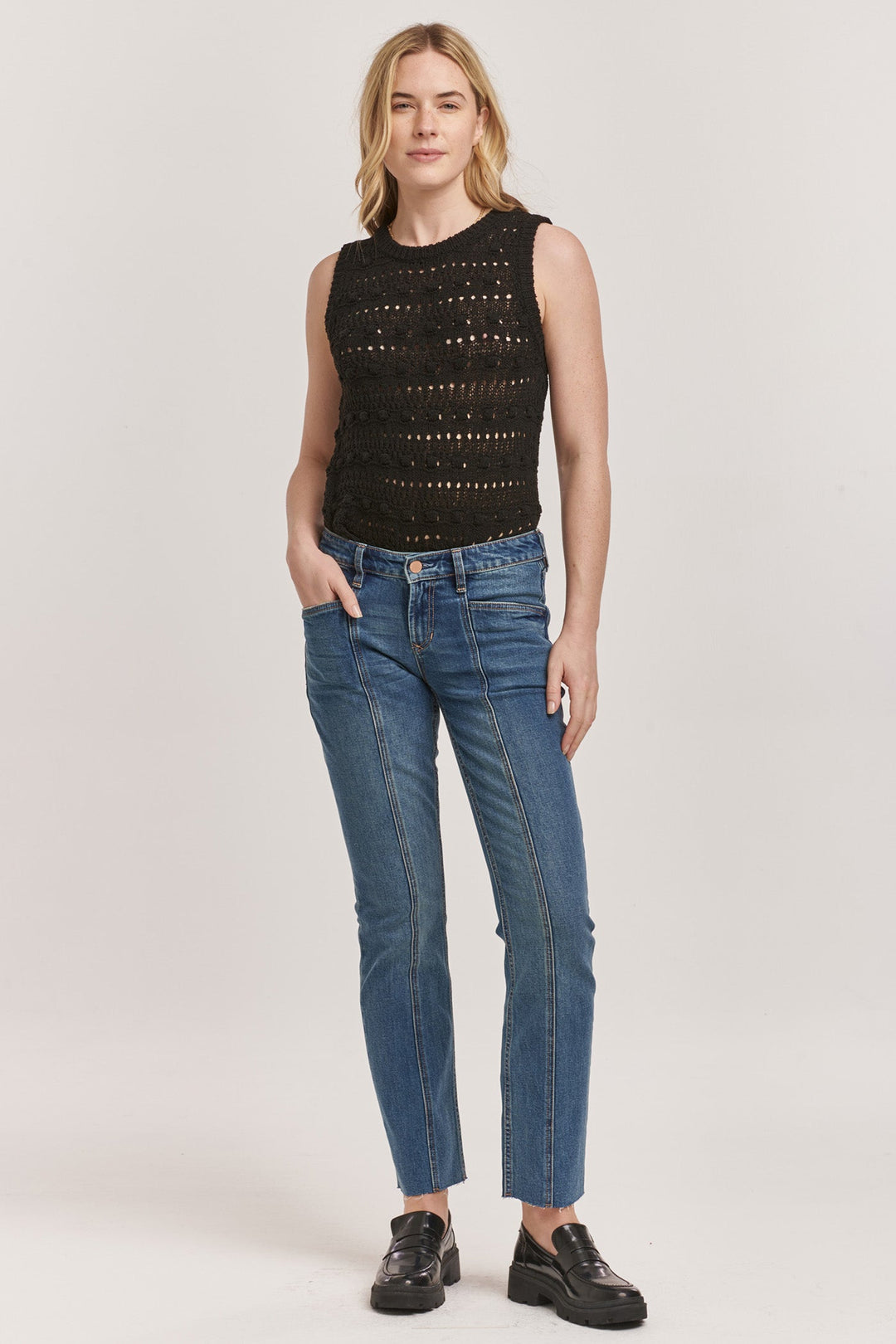 image of a female model wearing a PLAYBACK MID RISE SLIM STRAIGHT JEANS PHANTOM DEAR JOHN DENIM 