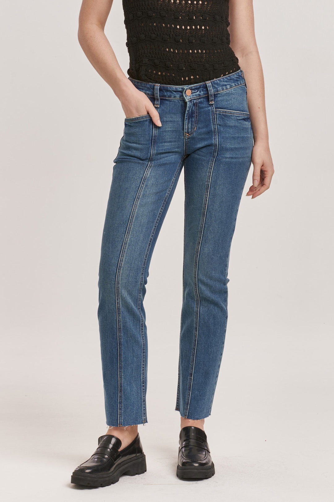 image of a female model wearing a PLAYBACK MID RISE SLIM STRAIGHT JEANS PHANTOM DEAR JOHN DENIM 