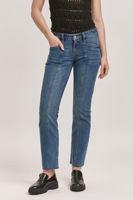 image of a female model wearing a PLAYBACK MID RISE SLIM STRAIGHT JEANS PHANTOM DEAR JOHN DENIM 