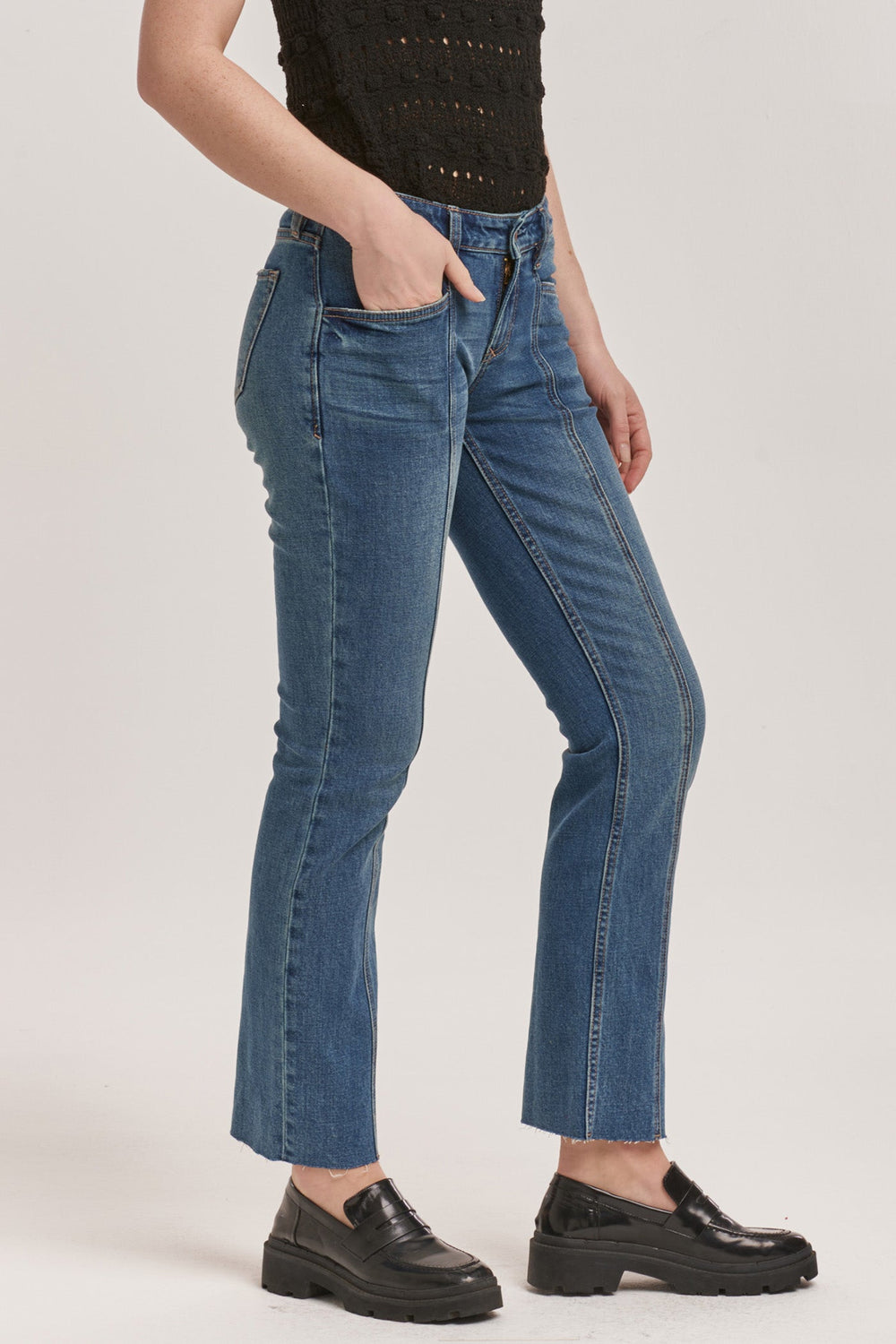 image of a female model wearing a PLAYBACK MID RISE SLIM STRAIGHT JEANS PHANTOM DEAR JOHN DENIM 