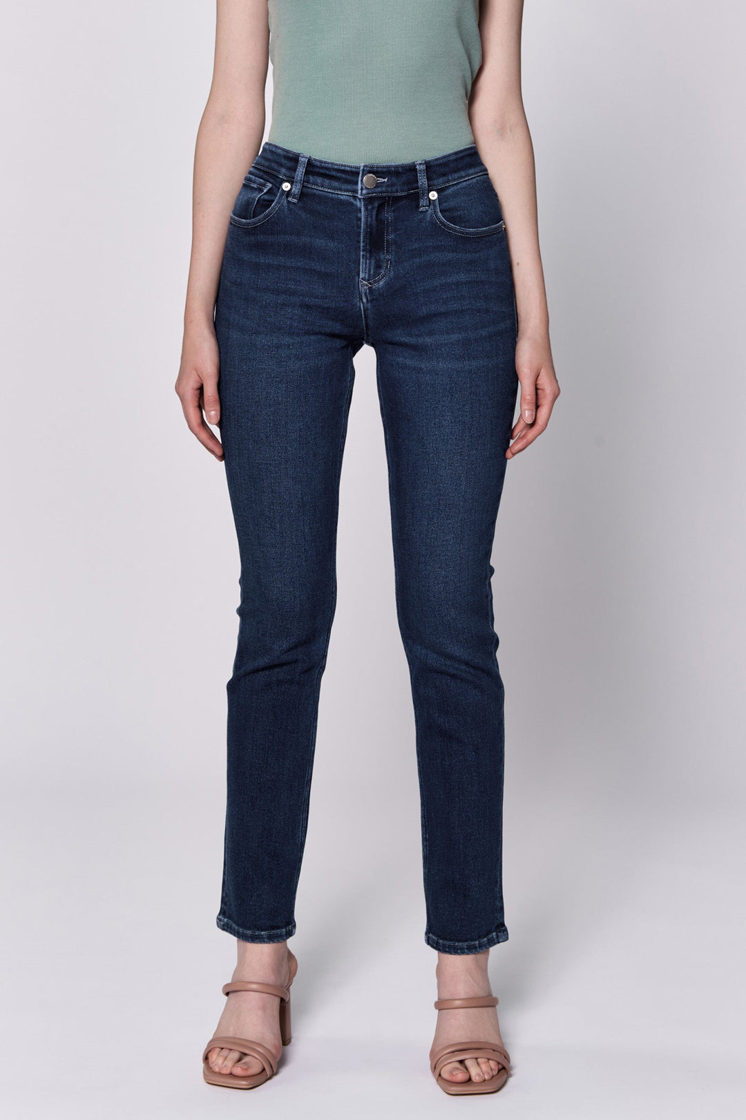 image of a female model wearing a BLAIRE MID RISE SLIM STRAIGHT LEG JEANS RIVIERA DEAR JOHN DENIM 