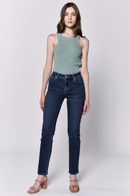 image of a female model wearing a BLAIRE MID RISE SLIM STRAIGHT LEG JEANS RIVIERA DEAR JOHN DENIM 