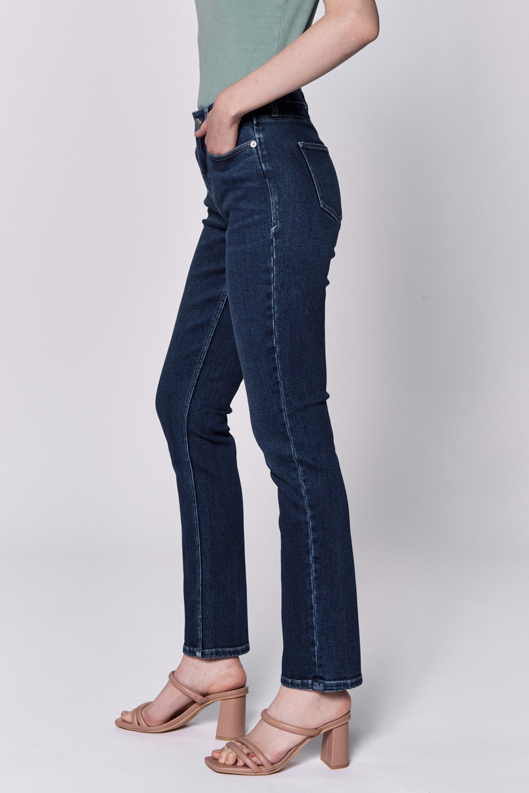 image of a female model wearing a BLAIRE MID RISE SLIM STRAIGHT LEG JEANS RIVIERA DEAR JOHN DENIM 