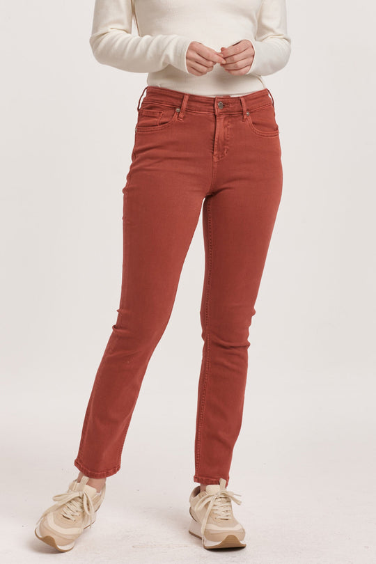 image of a female model wearing a BLAIRE MID RISE SLIM STRAIGHT JEANS ASTRO DUST DEAR JOHN DENIM 