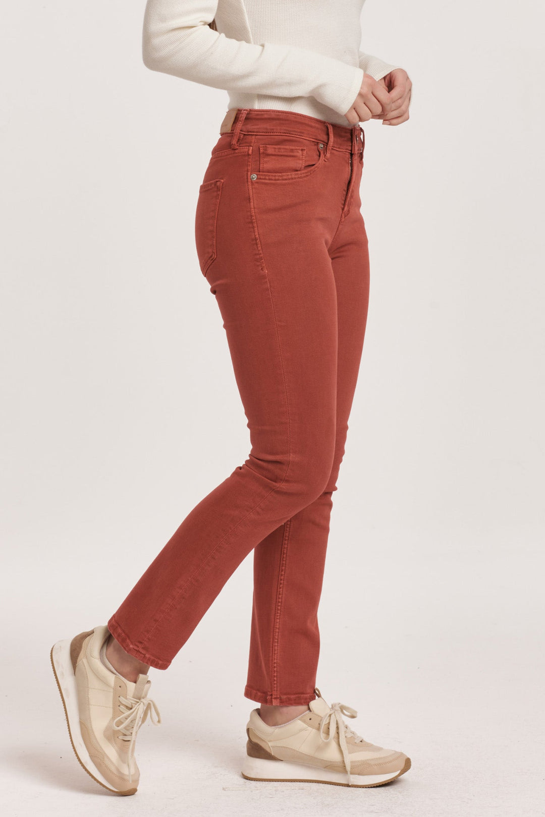 image of a female model wearing a BLAIRE MID RISE SLIM STRAIGHT JEANS ASTRO DUST DEAR JOHN DENIM 