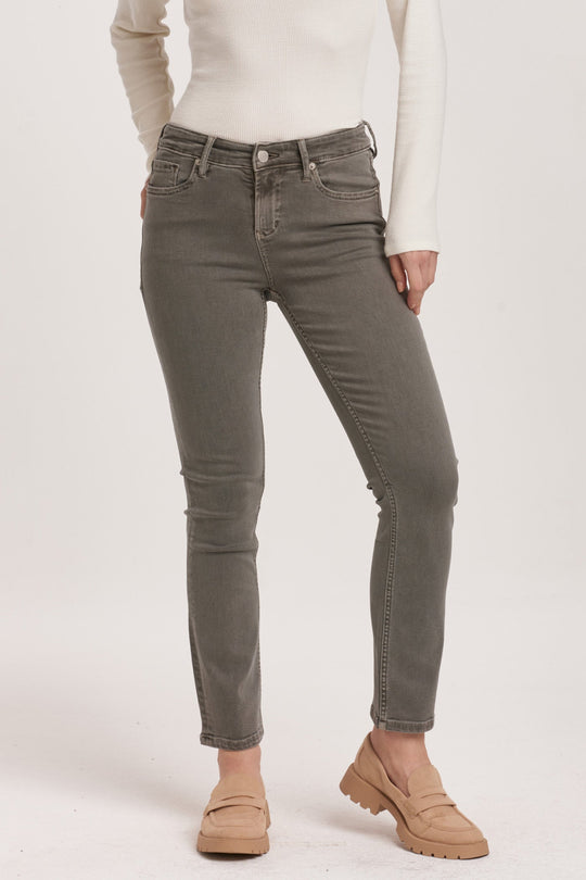 image of a female model wearing a BLAIRE MID RISE SLIM STRAIGHT JEANS GRAPHITE DEAR JOHN DENIM 