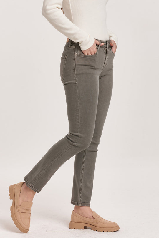 image of a female model wearing a BLAIRE MID RISE SLIM STRAIGHT JEANS GRAPHITE DEAR JOHN DENIM 