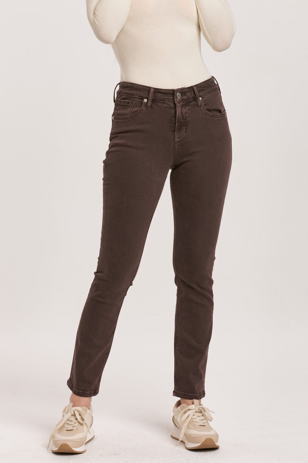 image of a female model wearing a BLAIRE MID RISE SLIM STRAIGHT JEANS MOCHA BROWN DEAR JOHN DENIM 