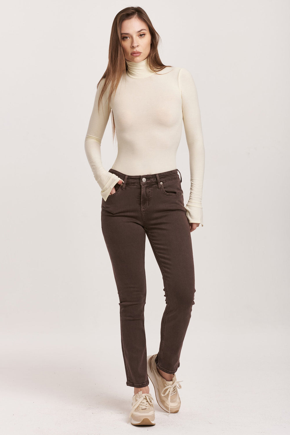 image of a female model wearing a BLAIRE MID RISE SLIM STRAIGHT JEANS MOCHA BROWN DEAR JOHN DENIM 