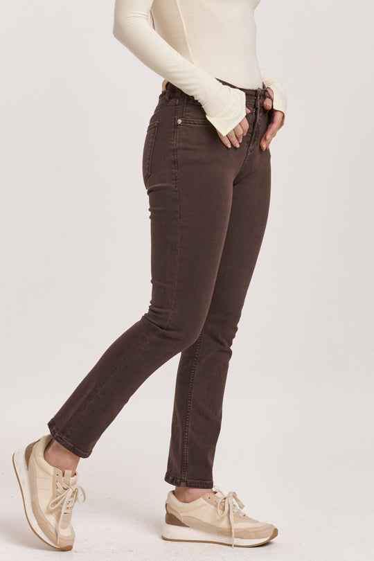 image of a female model wearing a BLAIRE MID RISE SLIM STRAIGHT JEANS MOCHA BROWN DEAR JOHN DENIM 