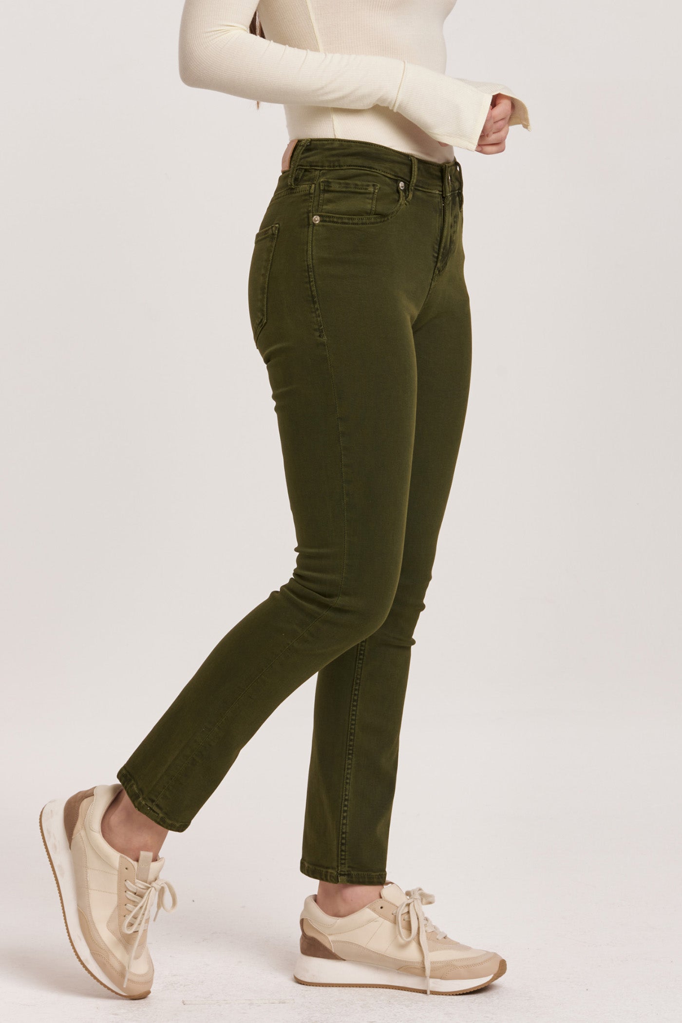 image of a female model wearing a BLAIRE MID RISE SLIM STRAIGHT JEANS PINE DEAR JOHN DENIM 