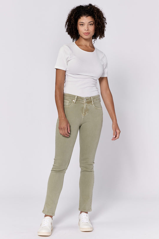 image of a female model wearing a BLAIRE MID RISE SLIM STRAIGHT LEG JEANS ABBEY STONE DEAR JOHN DENIM 