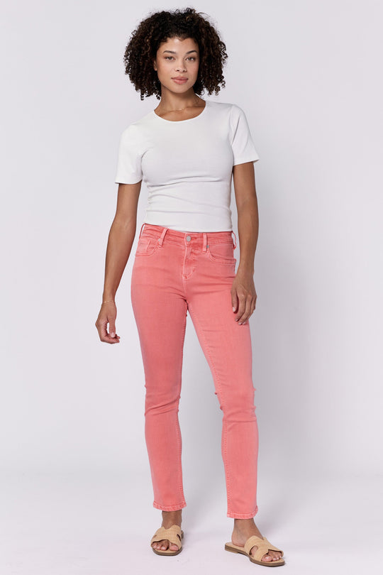 image of a female model wearing a BLAIRE MID RISE SLIM STRAIGHT LEG JEANS DUBBERY DEAR JOHN DENIM 