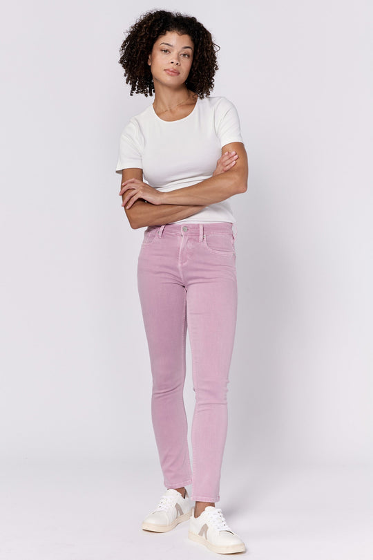 image of a female model wearing a BLAIRE MID RISE SLIM STRAIGHT LEG JEANS LILAS DEAR JOHN DENIM 