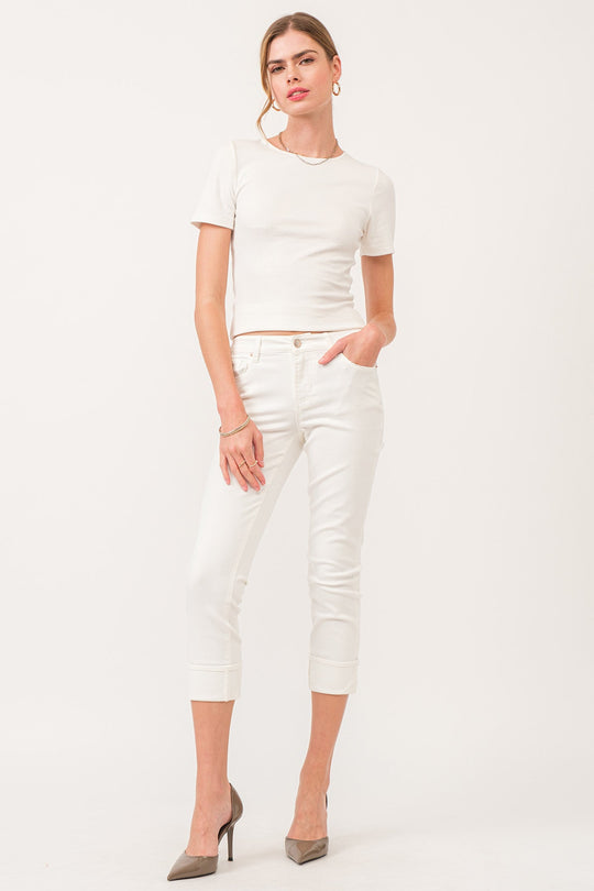 image of a female model wearing a BLAIRE HIGH RISE CUFFED SLIM STRAIGHT JEANS WHITE DEAR JOHN DENIM 