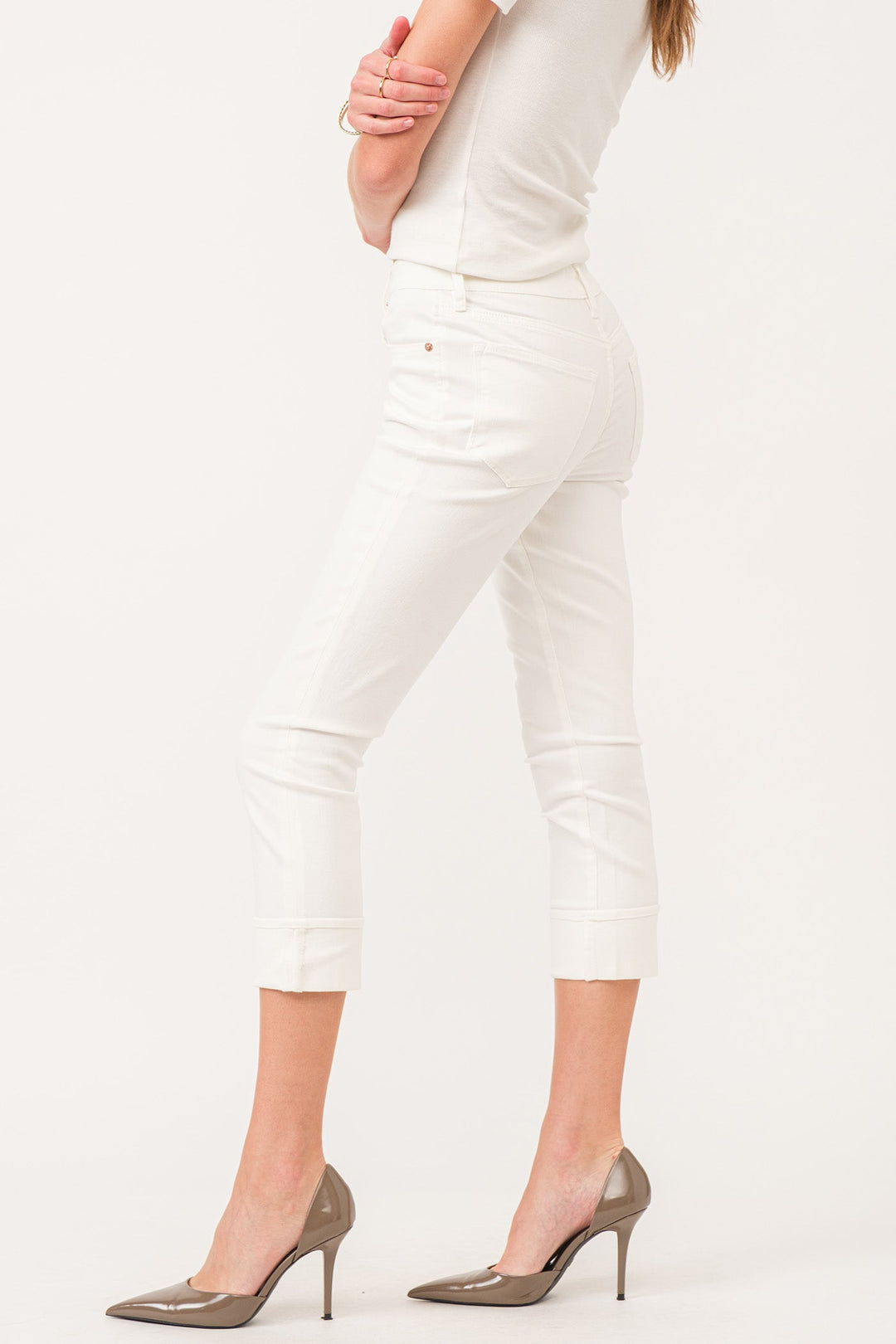 image of a female model wearing a BLAIRE HIGH RISE CUFFED SLIM STRAIGHT JEANS WHITE DEAR JOHN DENIM 