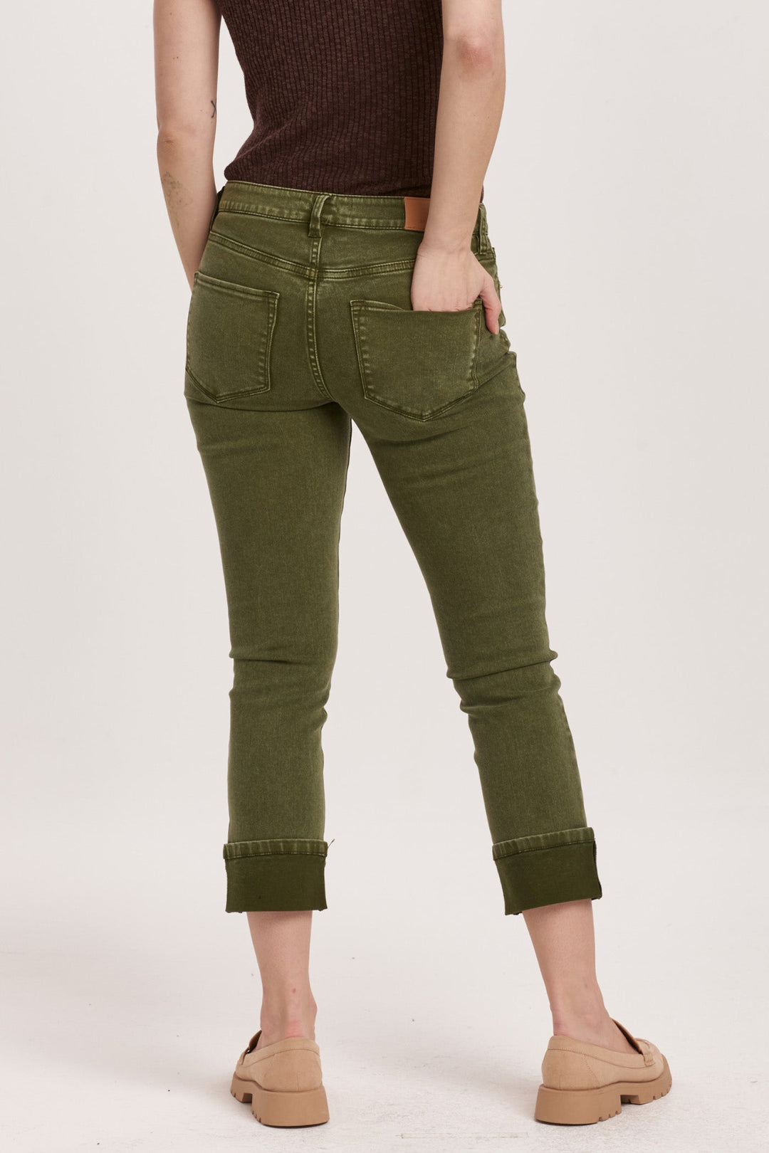 image of a female model wearing a BLAIRE HIGH RISE CUFFED SLIM STRAIGHT JEANS ARMY DEAR JOHN DENIM 