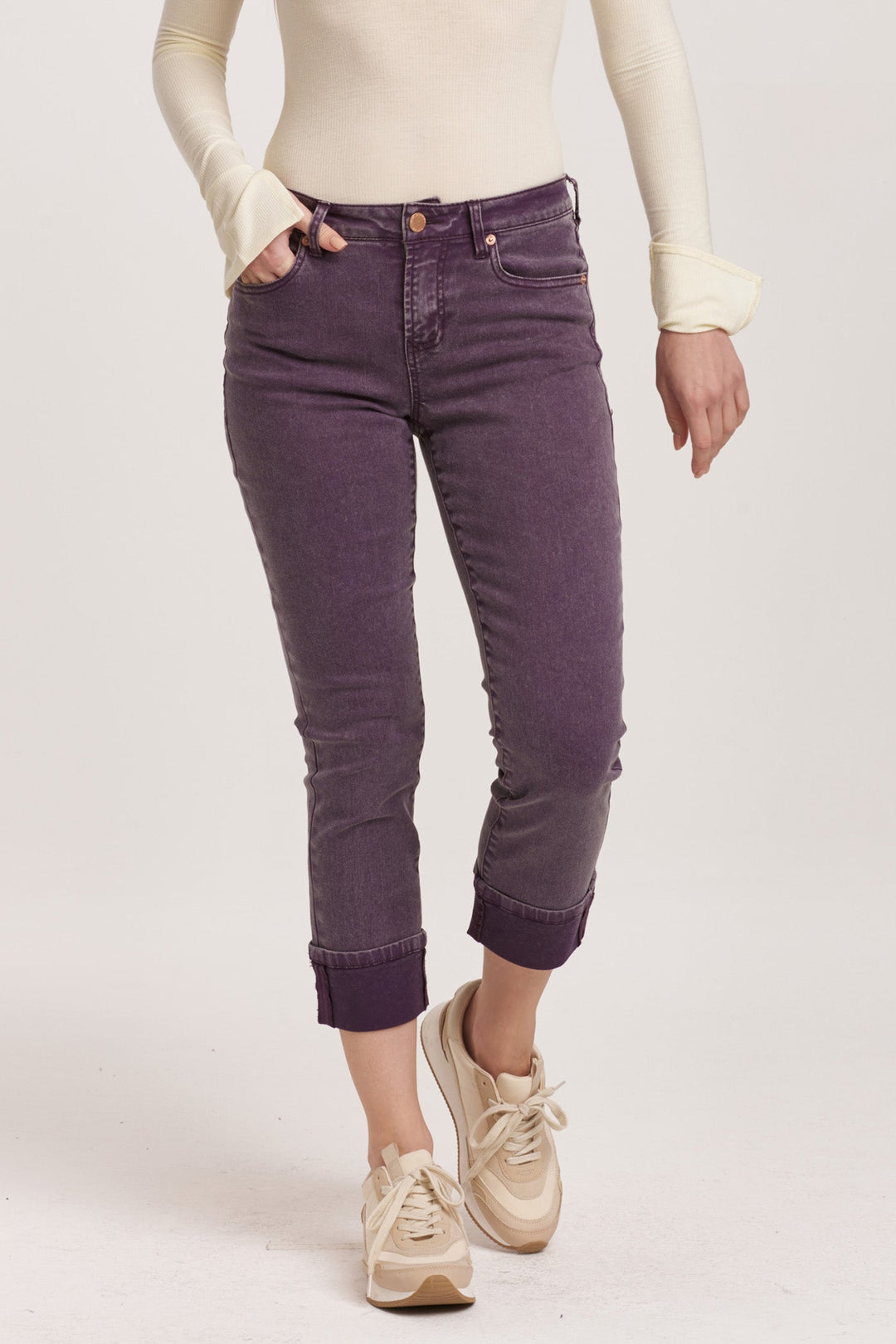 image of a female model wearing a BLAIRE HIGH RISE CUFFED SLIM STRAIGHT JEANS PURPLE PLUM DEAR JOHN DENIM 