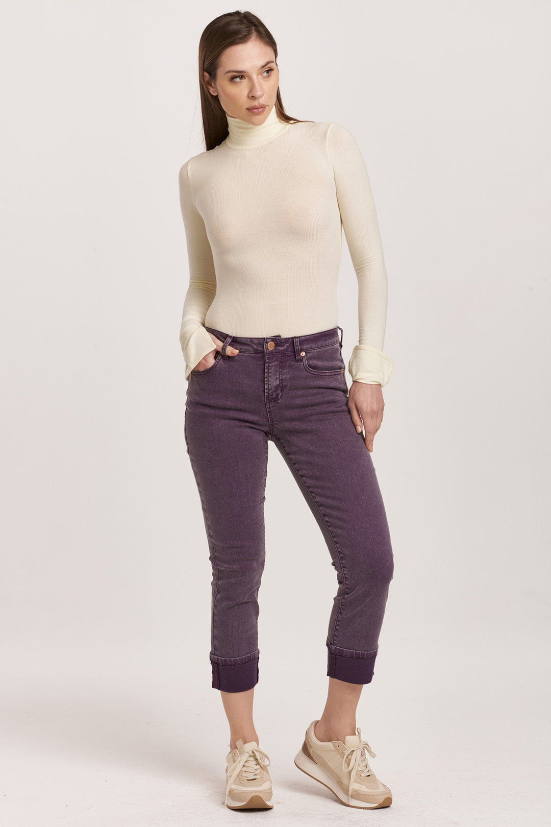 image of a female model wearing a BLAIRE HIGH RISE CUFFED SLIM STRAIGHT JEANS PURPLE PLUM DEAR JOHN DENIM 