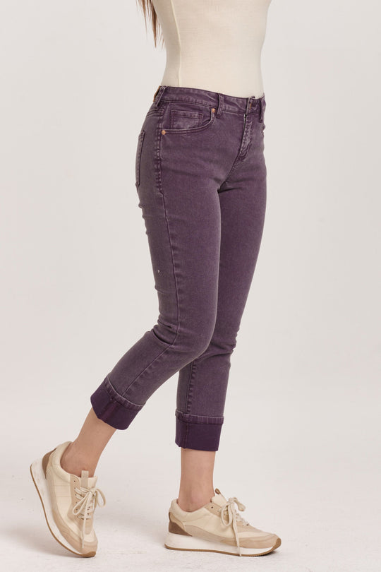 image of a female model wearing a BLAIRE HIGH RISE CUFFED SLIM STRAIGHT JEANS PURPLE PLUM DEAR JOHN DENIM 