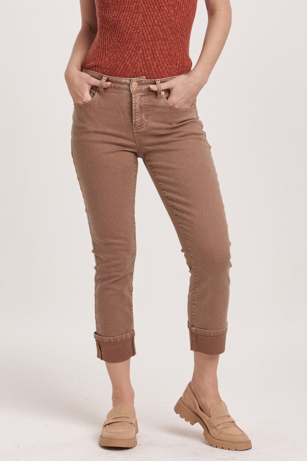 image of a female model wearing a BLAIRE HIGH RISE CUFFED SLIM STRAIGHT JEANS TOFFEE DEAR JOHN DENIM 