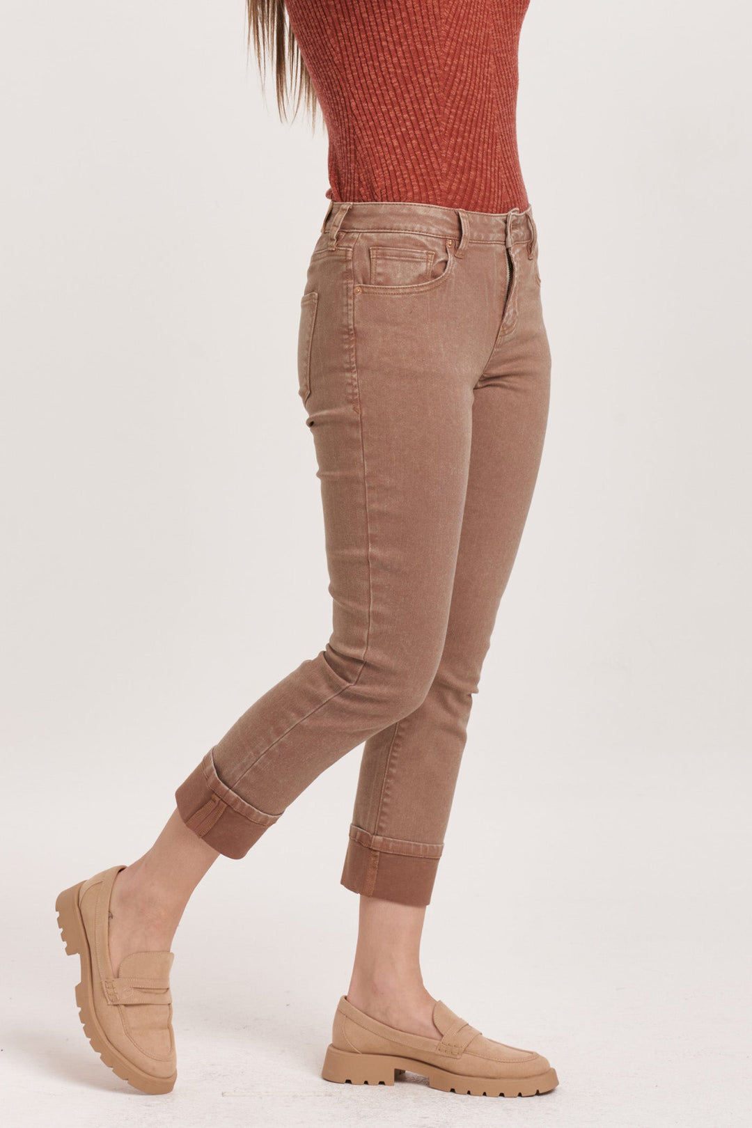 image of a female model wearing a BLAIRE HIGH RISE CUFFED SLIM STRAIGHT JEANS TOFFEE DEAR JOHN DENIM 