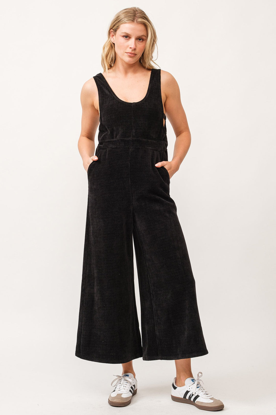 image of a female model wearing a SIVAN TANK JUMPSUIT BLACK CHENILLE DEAR JOHN DENIM 