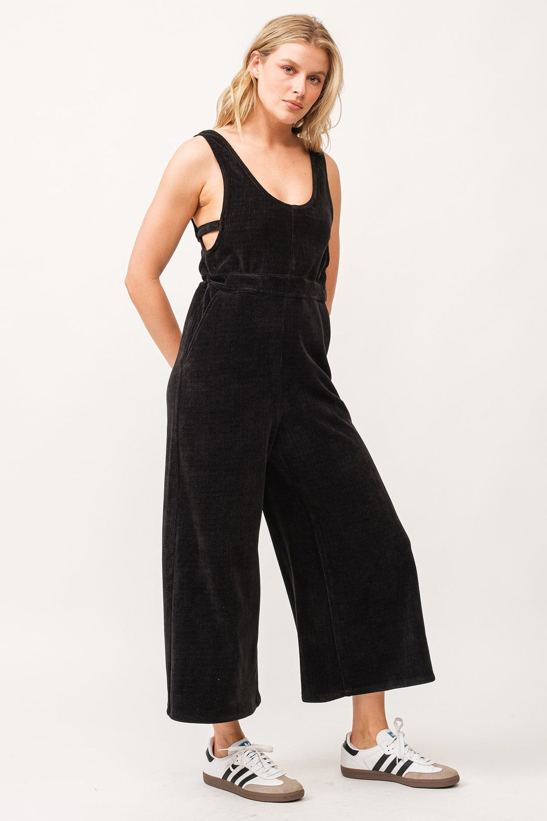 image of a female model wearing a SIVAN TANK JUMPSUIT BLACK CHENILLE DEAR JOHN DENIM 