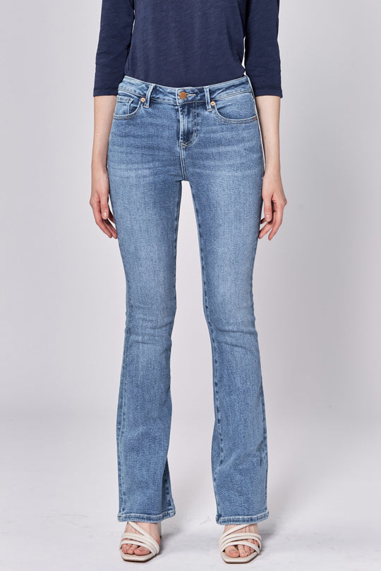 image of a female model wearing a JAXTYN MID RISE FULL INSEAM BOOTCUT JEANS LOVELLE DEAR JOHN DENIM 