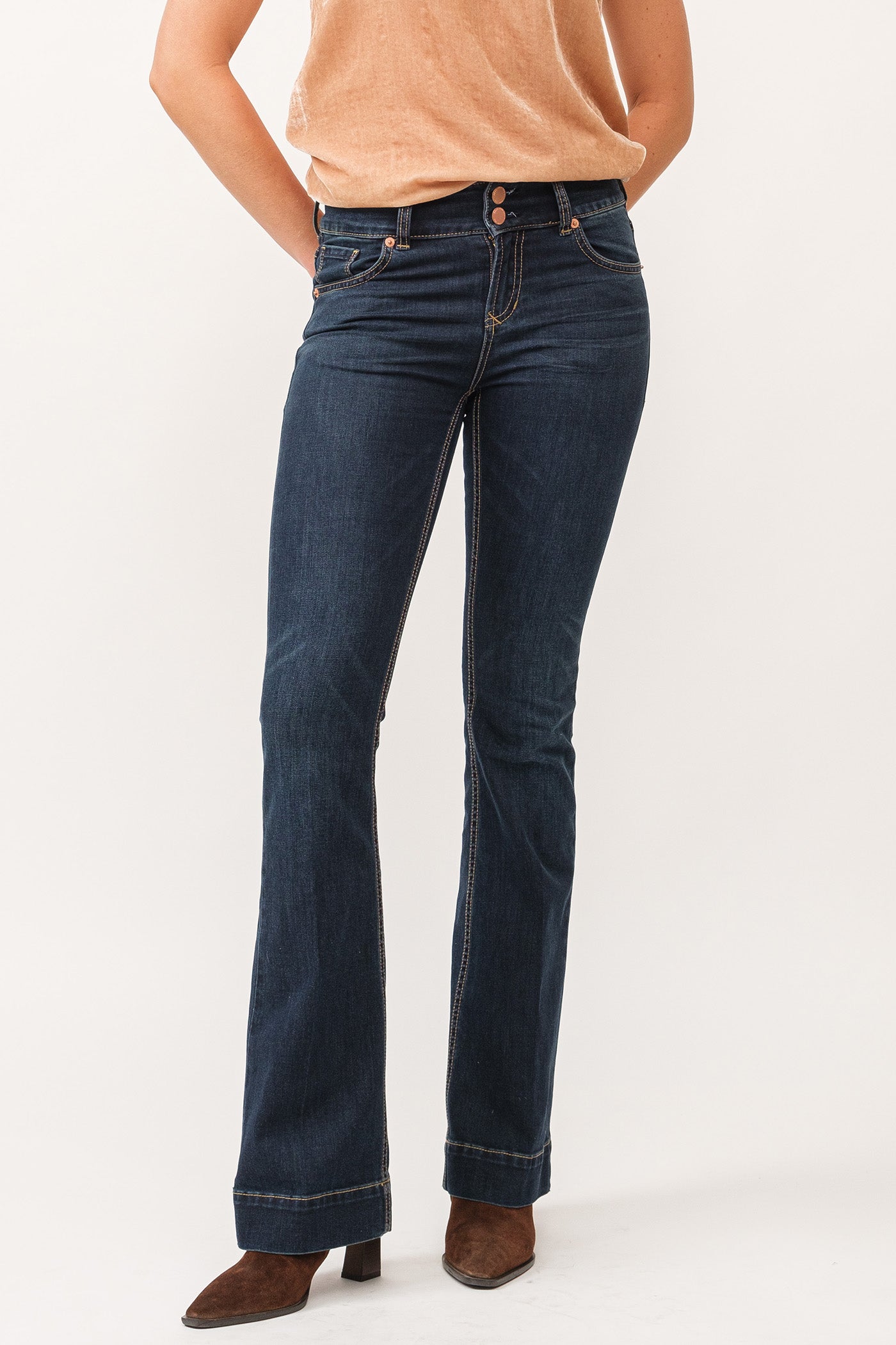 image of a female model wearing a JAXTYN MID RISE CLEAN WIDE HEM BOOTCUT JEANS EMOTION DEAR JOHN DENIM 